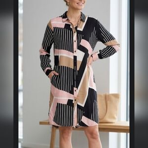 KAFFE KAverena SHIRT DRESS Geometric Print Long Sleeve Button Down Womens 34